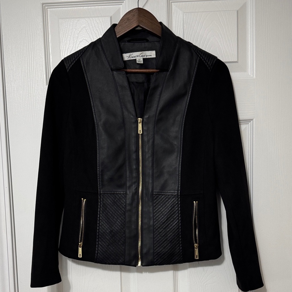 Kenneth Cole Black faux Leather/Suede Jacket with Gold Accents